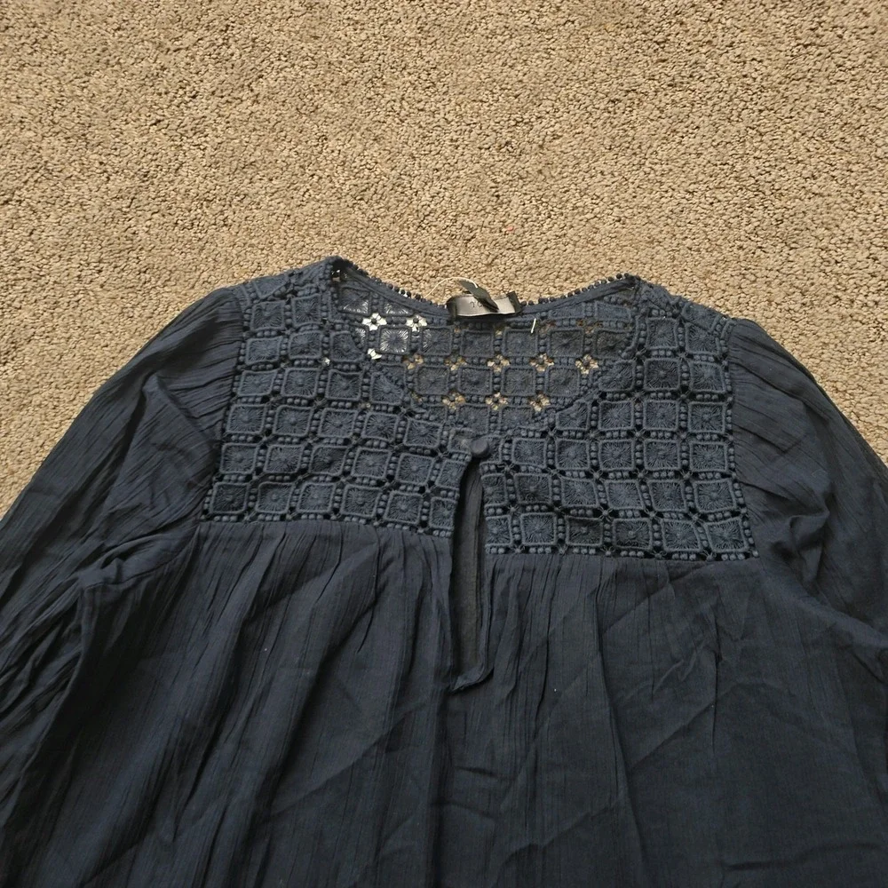 J.Crew Womens Navy Blue Crochet Lace Yoke Crinkle Gauze Cotton Blouse 00 NWT